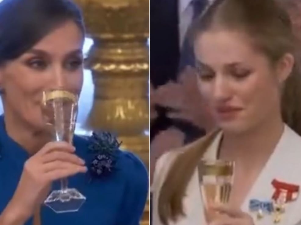 Montaje del momento en que la princesa Leonor bebe cava y su madre, la reina Letizia, se da cuenta de su reacción.