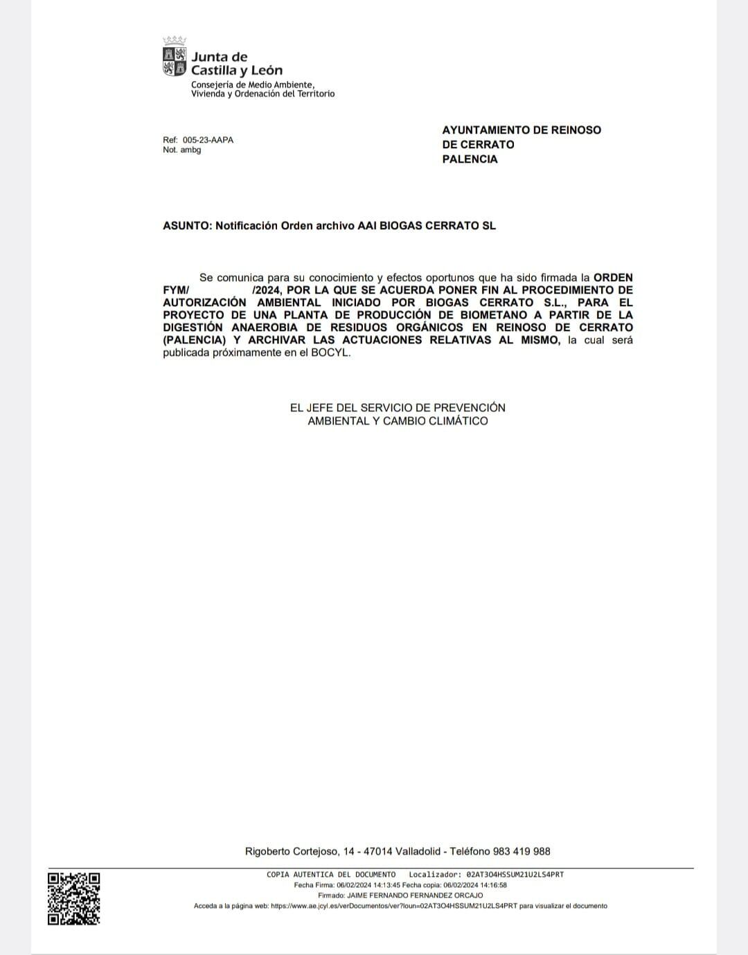 Escrito en el que se confirma el archivo de las actuaciones alusivas a un proyecto que generó controversia en el Cerrato, comarca de la provincia de Palencia