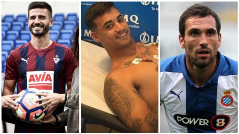 Fran Rico en su presentación, Nano en la revisión médica, y Arbilla todavía con la camiseta del Espanyol