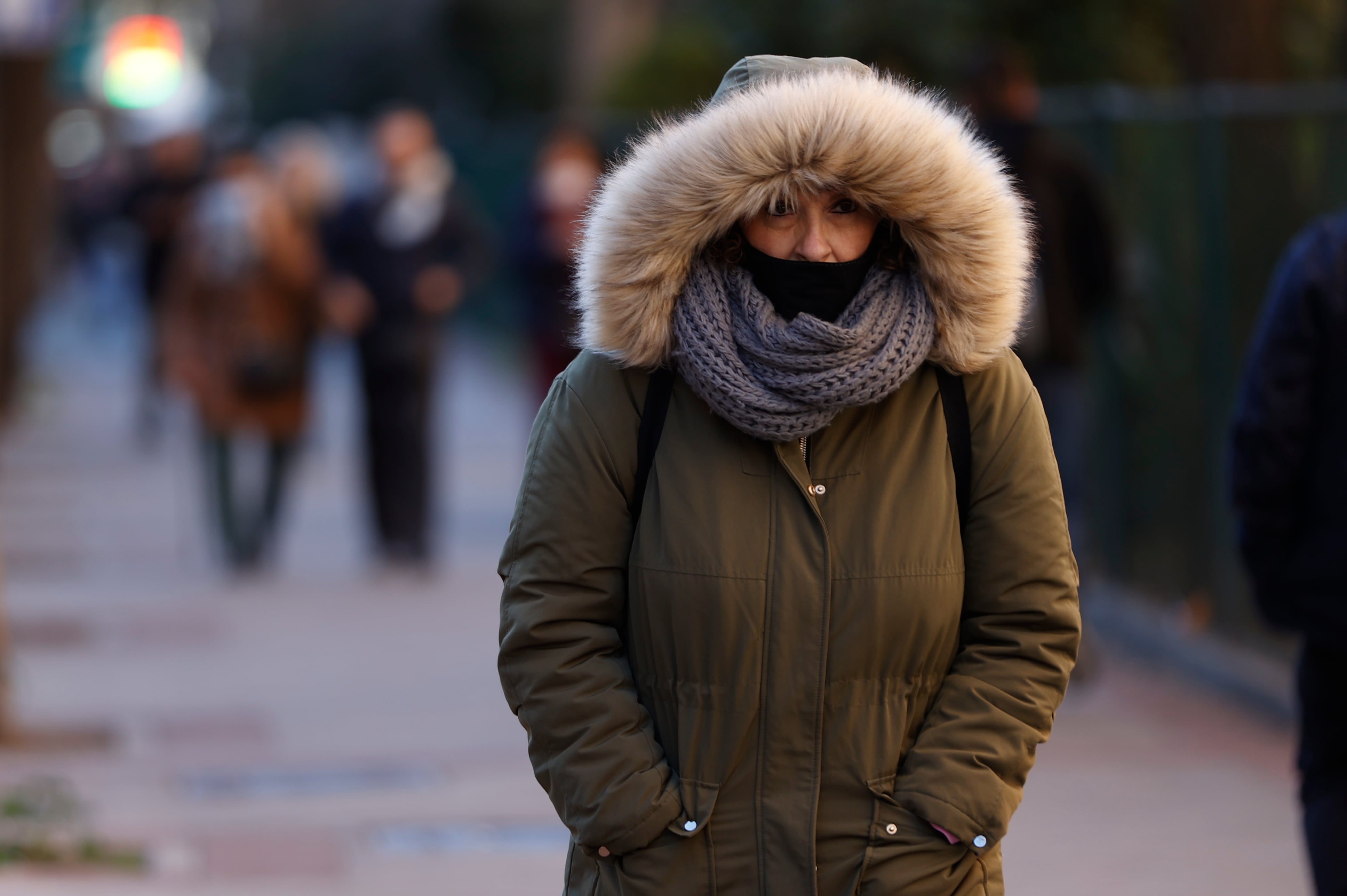 Una mujer pasea por Madrid bien abrigada