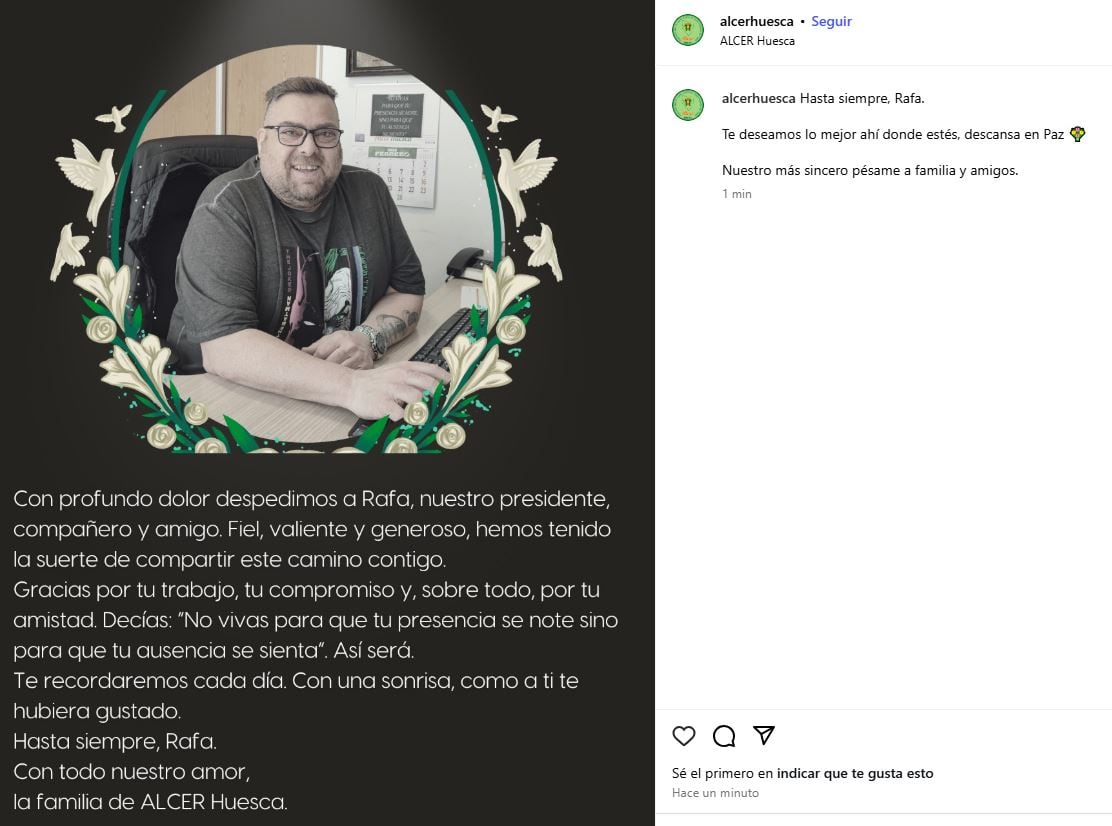 Publicación de Alcer Huesca, despidiendo a su presidente Rafael Jiménez