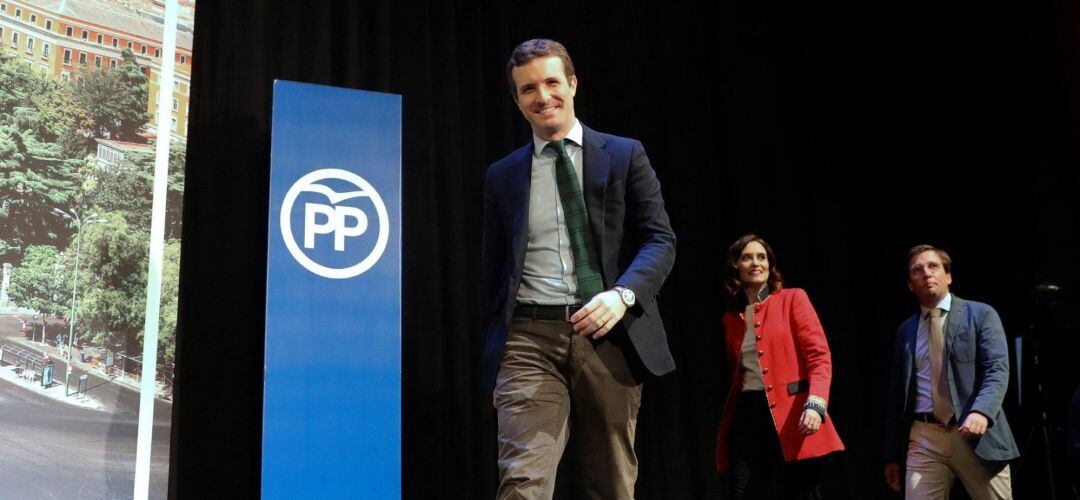 El presidente del PP, Pablo Casado, durante la presentación de sus candidatos a la Comunidad y el Ayuntamiento de Madrid