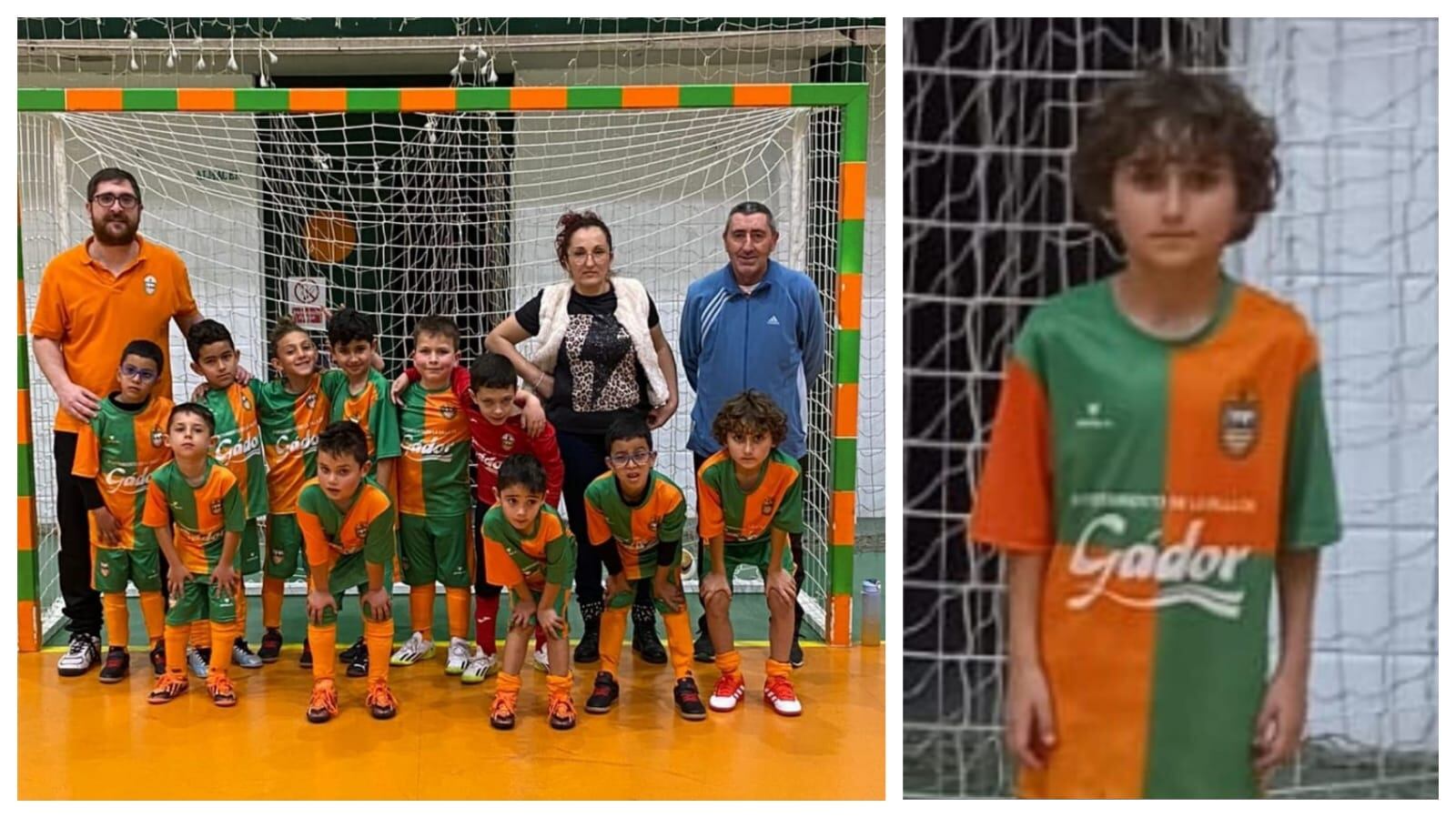 La plantilla del CD Gádor FS prebenjamín (izquierda) y el protagonista (derecha).