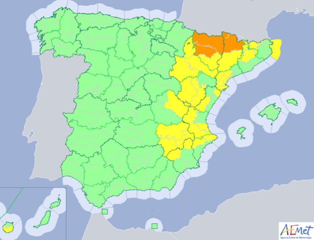 Mapa de alertas de la Aemet para las próximas horas. 