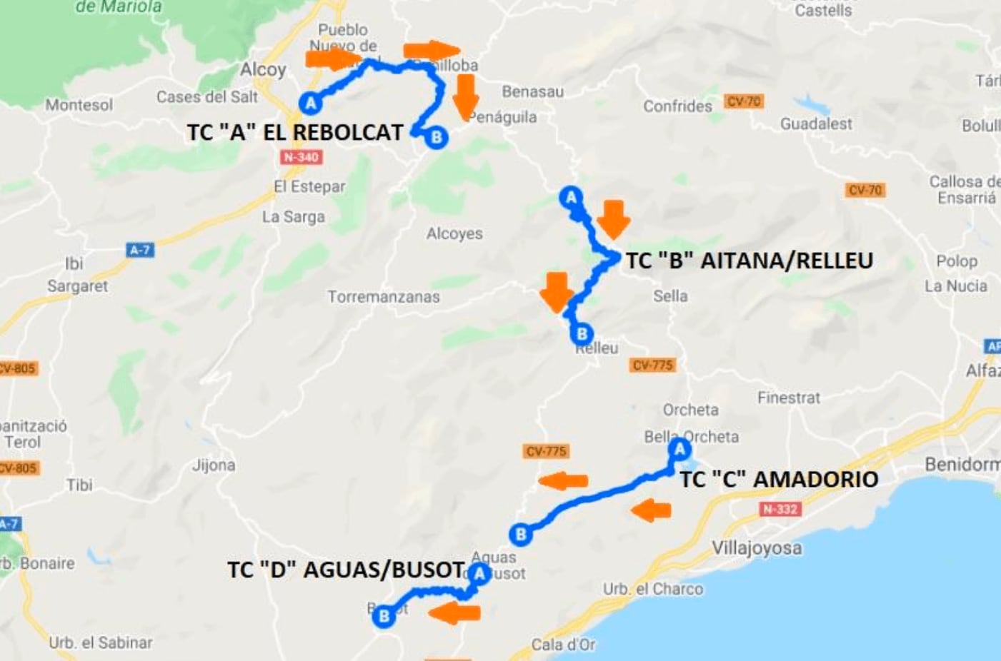 Tramos cronometrados de la primera edición de la carrera