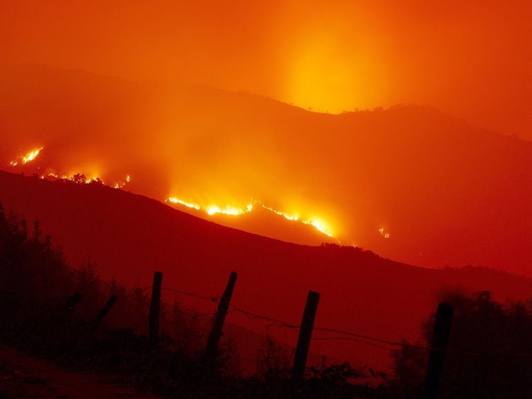 Llamas del incendio forestal que ha afectado a la zona de la Reserva Natural de los Ancares, situada en Galicia, y que se ha agravado por una prolongada sequía. 