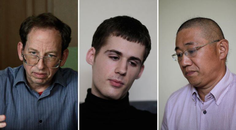 Los tres ciudadanos norteamericanos que estaban detenidos en Corea del Norte. Kenneth Bae y Matthew Todd , los dos de la derecha han sido liberados en las últimas horas. Jeffrey Fowle continua detenido.