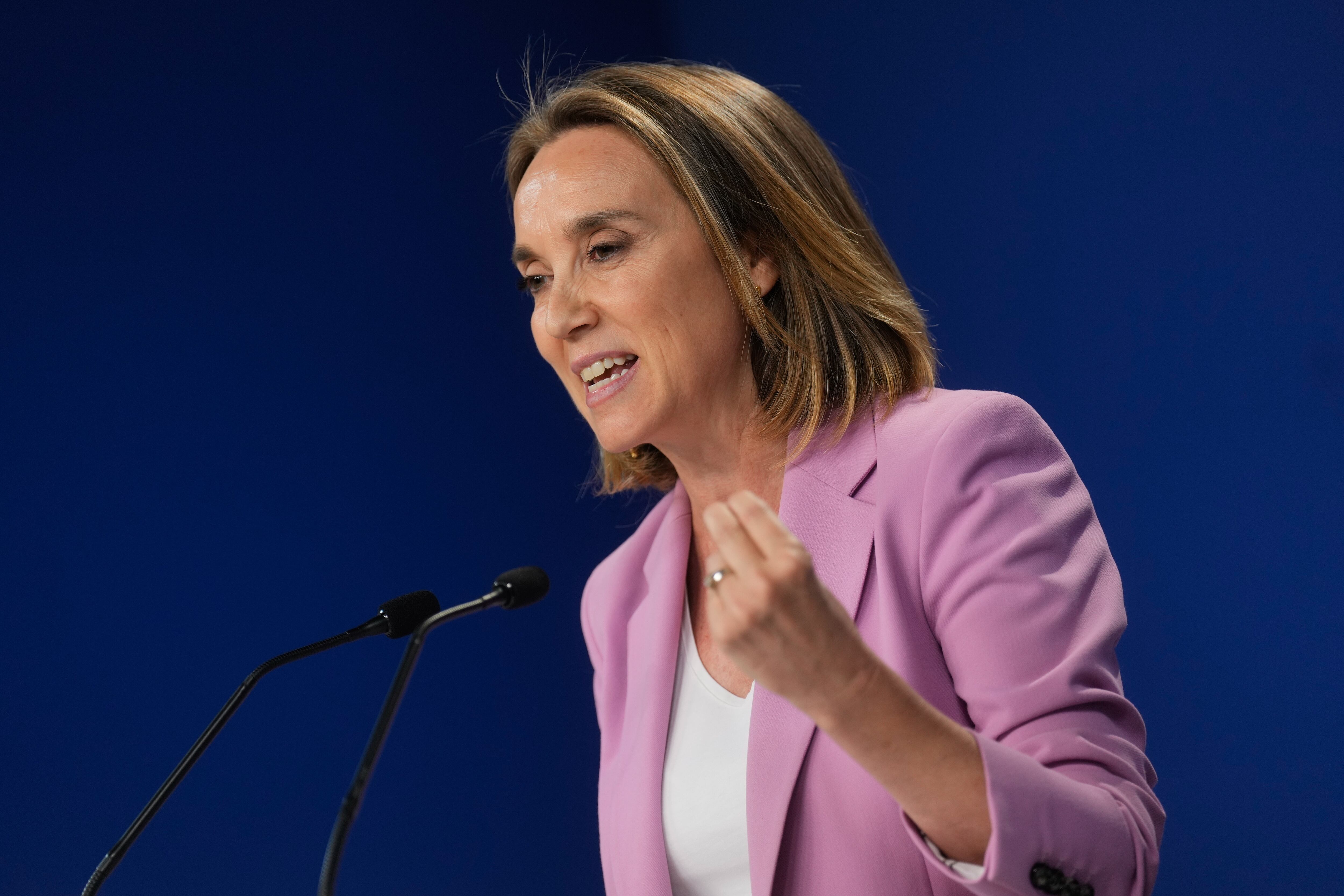 MADRID, 30/06/2025.- La secretaria general del PP, Cuca Gamarra, durante la rueda de prensa ofrecida tras la reunión del Comité de Dirección del Partido Popular, este lunes en Madrid. EFE/ Borja Sanchez-trillo
