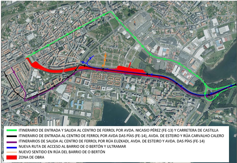 Mapa de las alternativas de tráfico por las obras en As Pías (foto: Ministerio de Transportes)