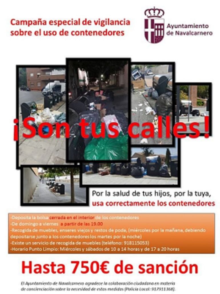 Cartel campaña de vigilancia sobre el uso de contenedores de Navalcarnero