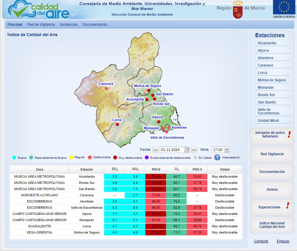 El portal de calidad del aire de la Comunidad de Murcia