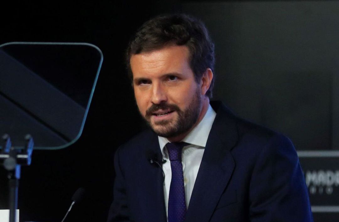 El presidente del Partido Popular, Pablo Casado, interviene en un desayuno informativo.