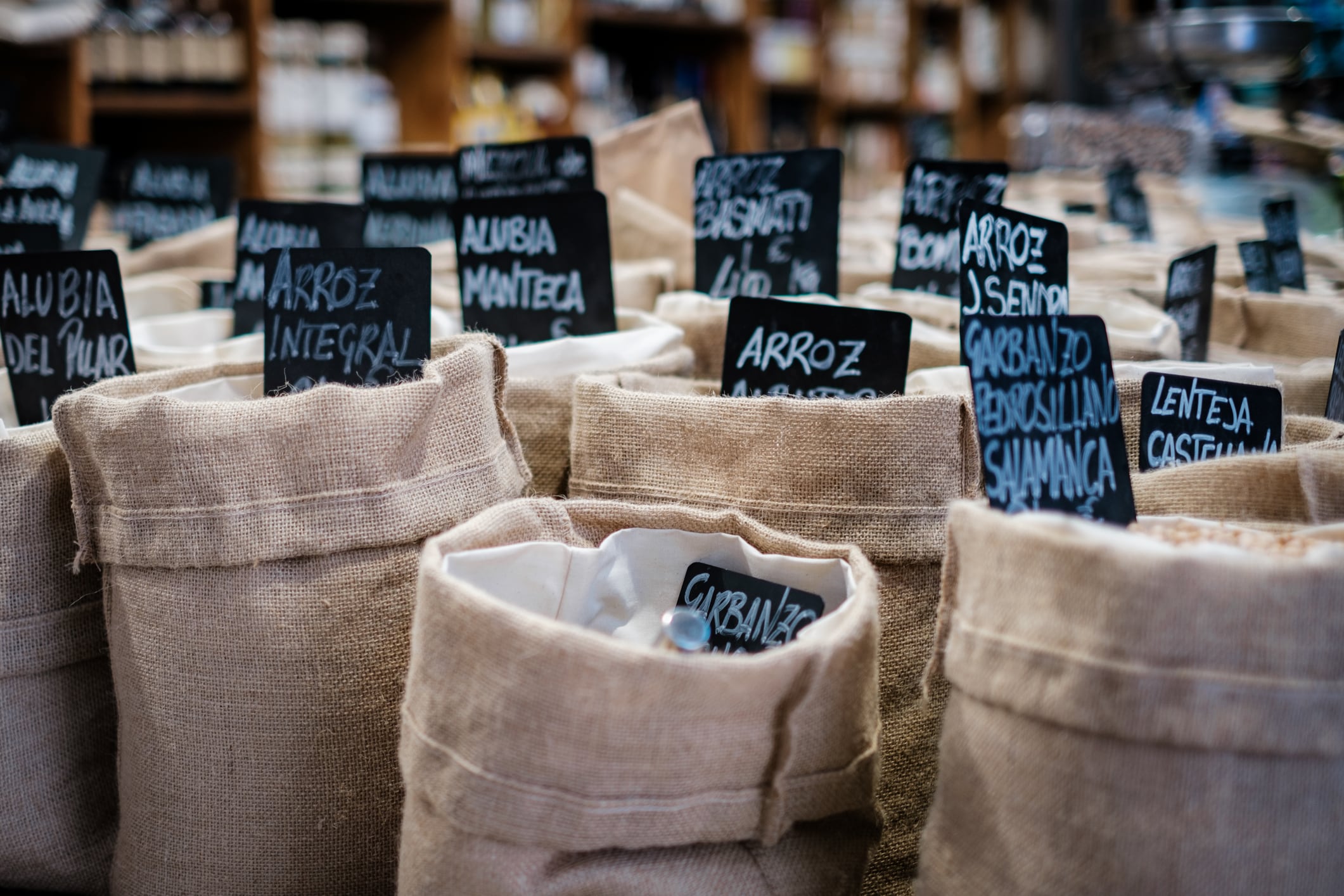 Organic Natural rice for sale in a market in sacks