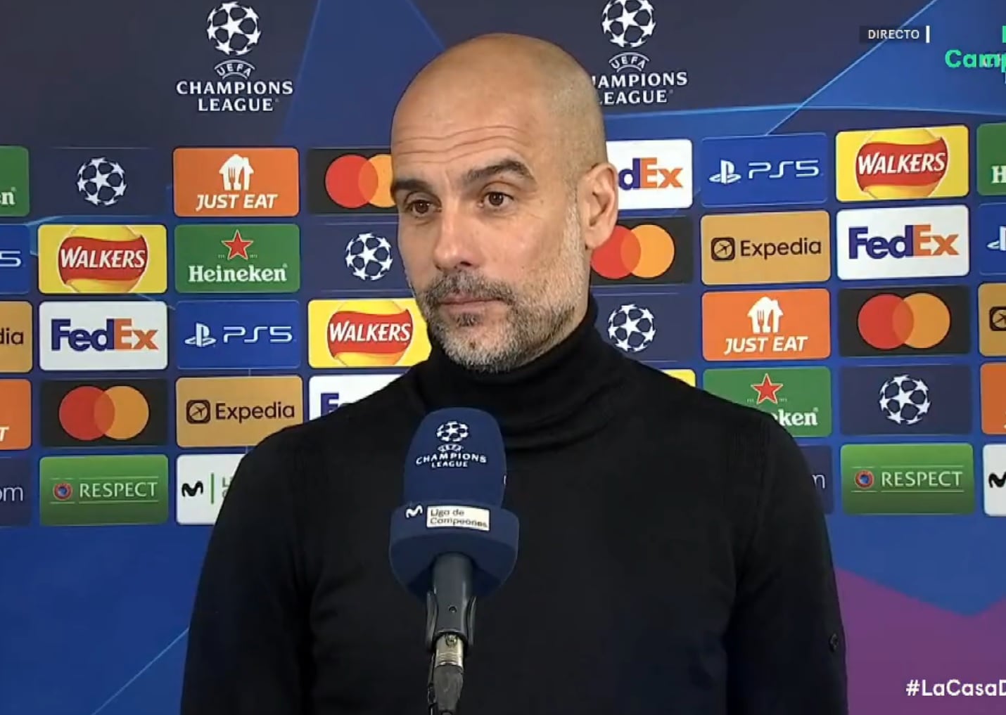 Guardiola, durante su entrevista en &#039;Movistar +&#039;, tras el City - Real Madrid