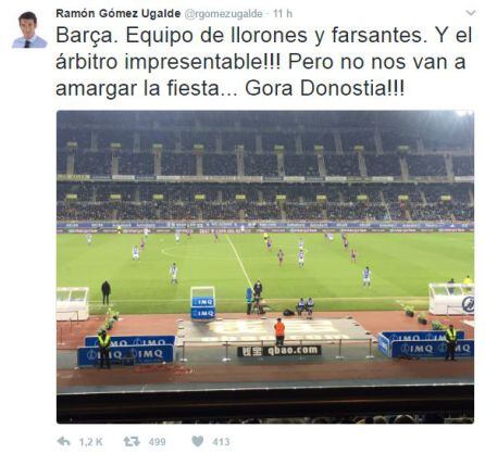 El tuit de Gómez Ugalde criticando al Barcelona y a González González.