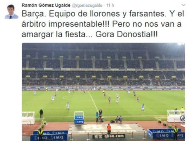 El tuit de Gómez Ugalde criticando al Barcelona y a González González.