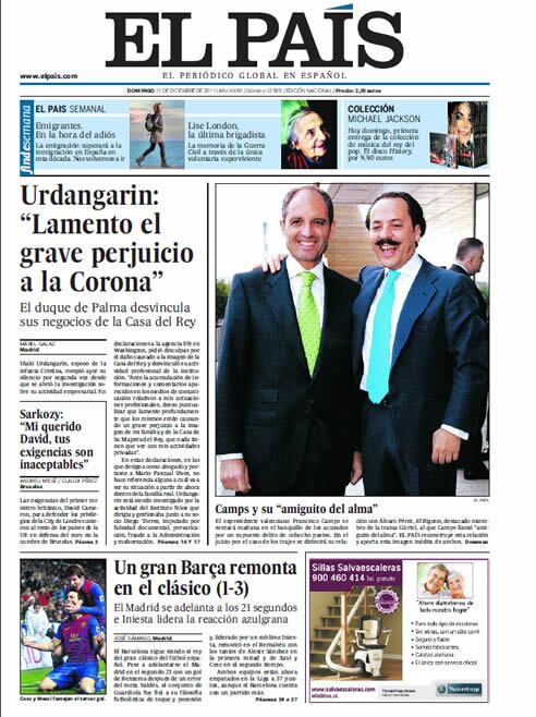 Portada de El País: &quot;Urdangarin:&quot;Lamento el grave perjuicio a la Corona&quot;