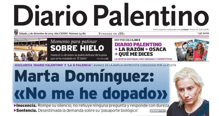 Primera página de &#039;Diario Palentino&#039;, el sábado 5 de diciembre de 2015