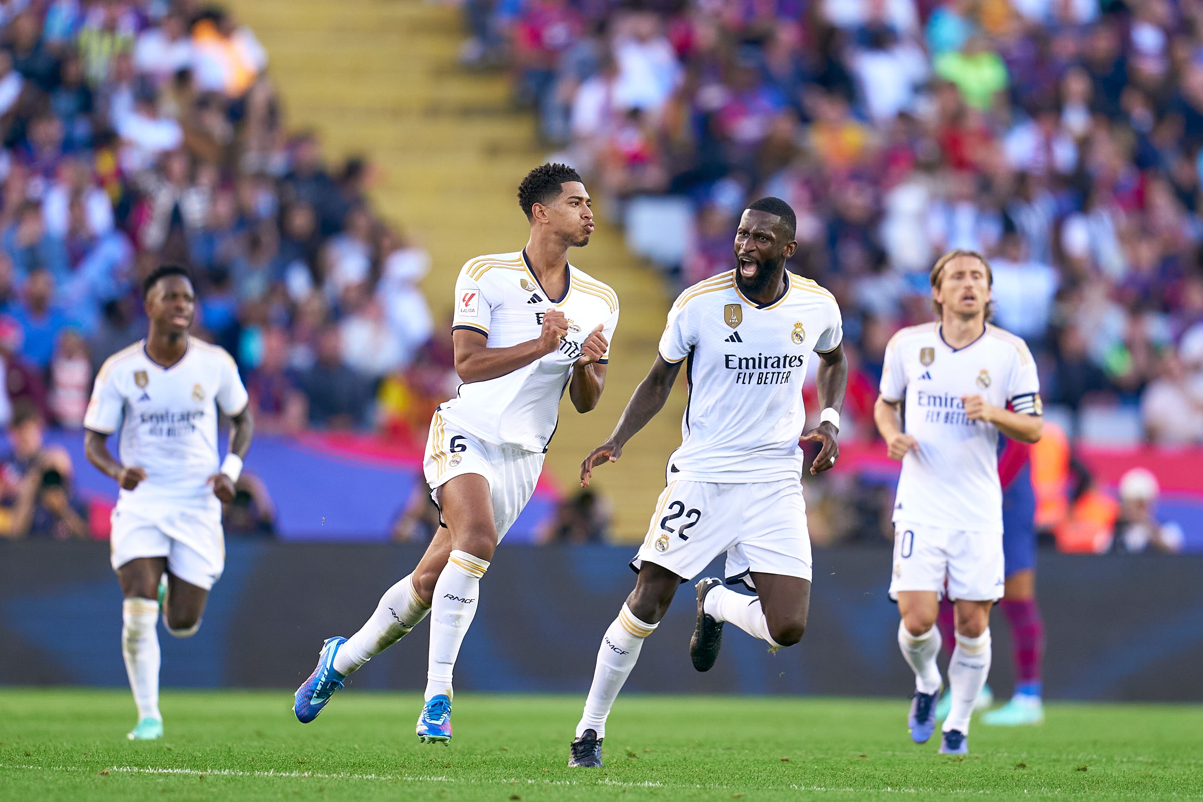 BARCELONA, SPAIN - OCTOBER 28: Jude Bellingham of Real Madrid celebrates after scoring his team's first goal during the LaLiga EA Sports match between FC Barcelona and Real Madrid CF at Estadi Olimpic Lluis Companys on October 28, 2023 in Barcelona, Spain. (Photo by Pedro Salado/Quality Sport Images/Getty Images)