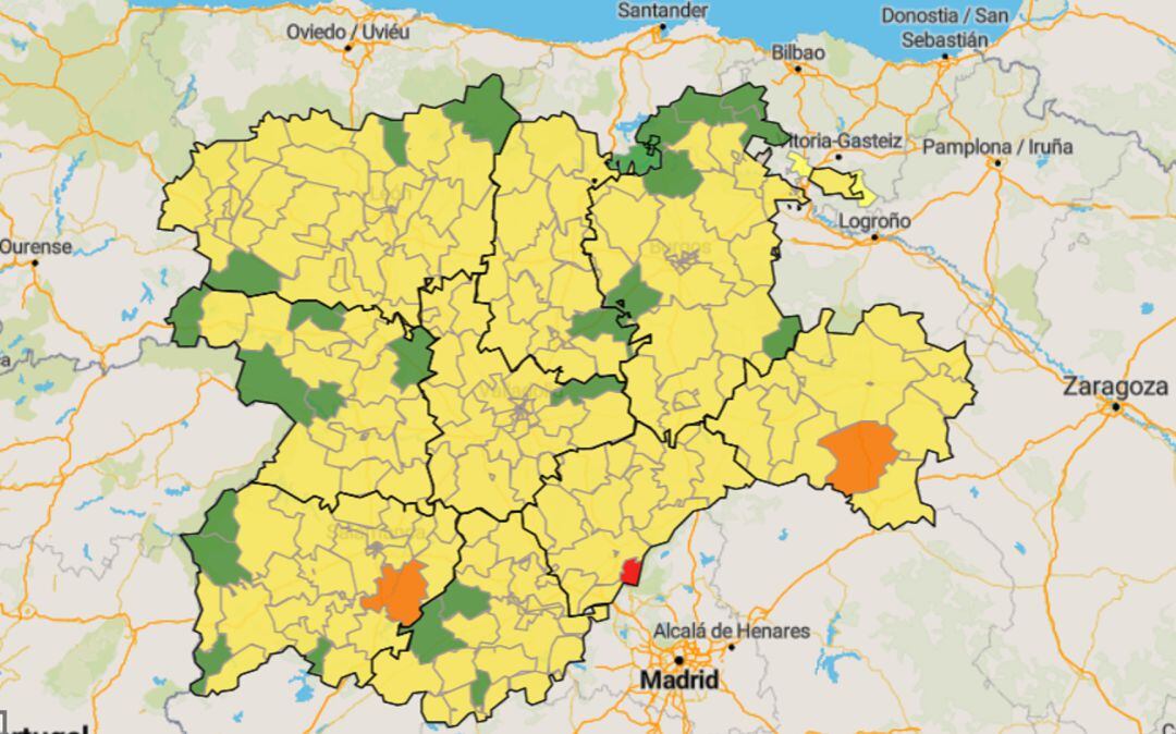 Mapa de la incidencia a cinco de mayo de nuevos contagios del coronavirus por zonas básicas de salud de Castilla y León. En verde las zonas sin contagios detectados en los siete últimos días 