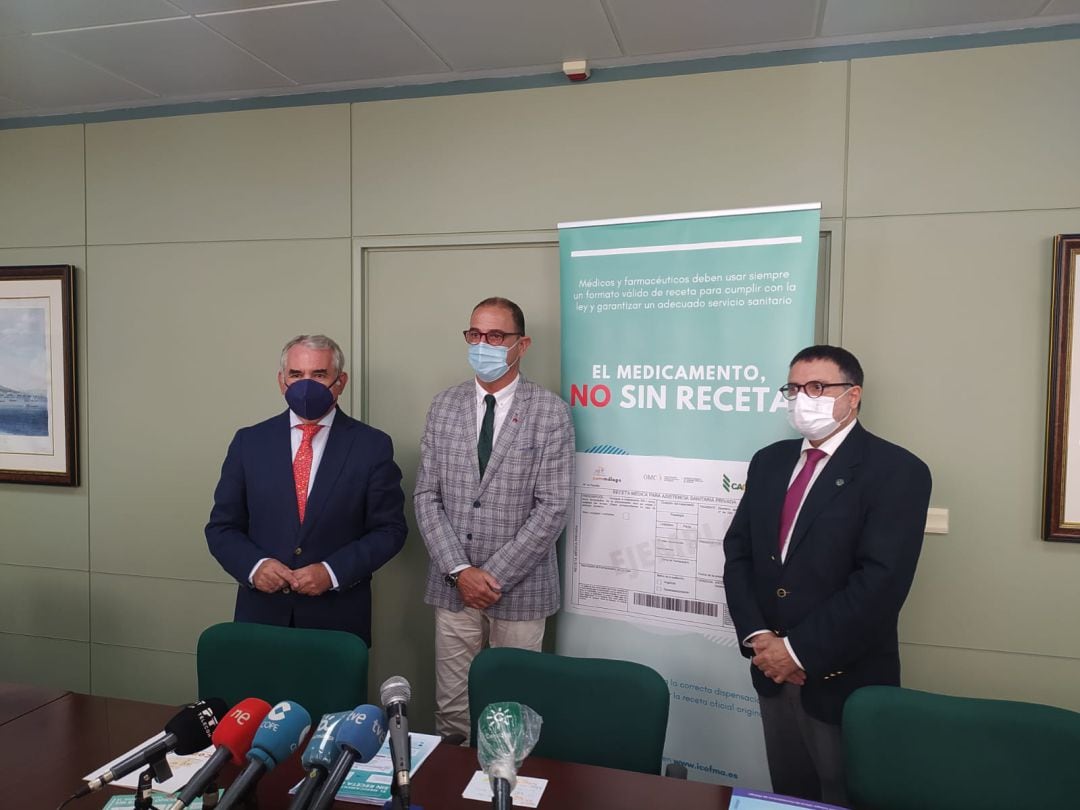 Carlos Bautista, delegado Provincial de Salud, junto con Francisco Florido, presidente del Colegio de Farmacéuticos de Málaga, y Pedro Navarro, presidente del Colegio de Médicos de Málaga, en la presentación de la iniciativa &quot;El medicamento, NO sin receta