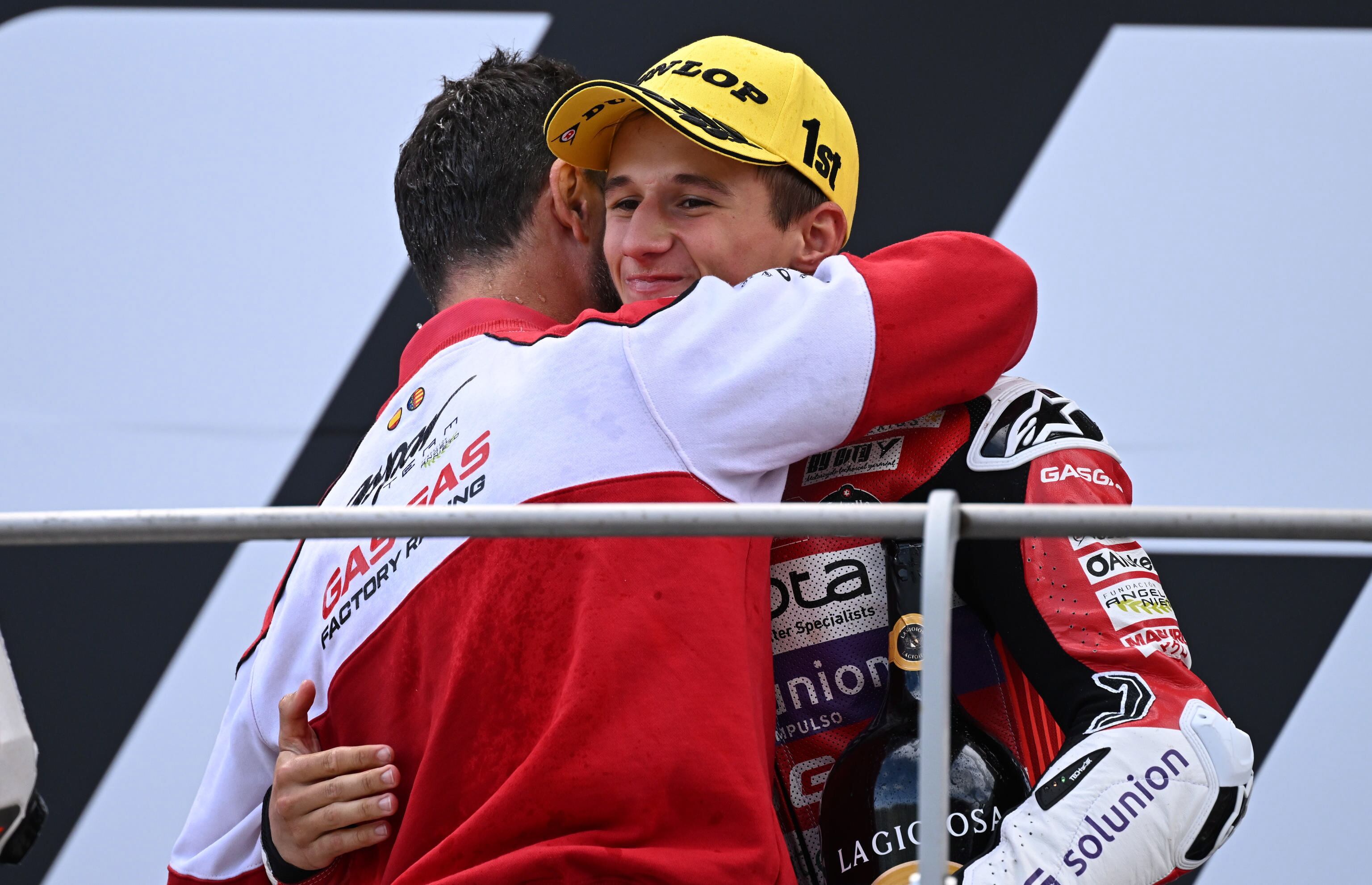 Scarperia (Italy), 29/05/2022.- Spanish Sergio Garcia of Valresa GASGAS Aspar Team celebrates at the podium after the Moto3 Motorcycling Grand Prix of Italy at the Mugello circuit in Scarperia, central Italy, 29 May 2022. (Motociclismo, Ciclismo, Italia) EFE/EPA/CLAUDIO GIOVANNINI
