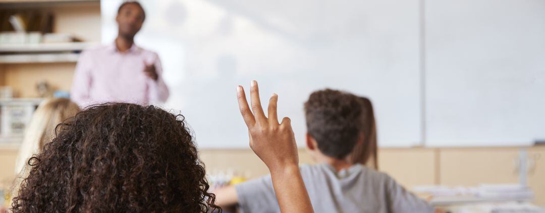 Alumna levantando la mano en clase. Foto de recurso