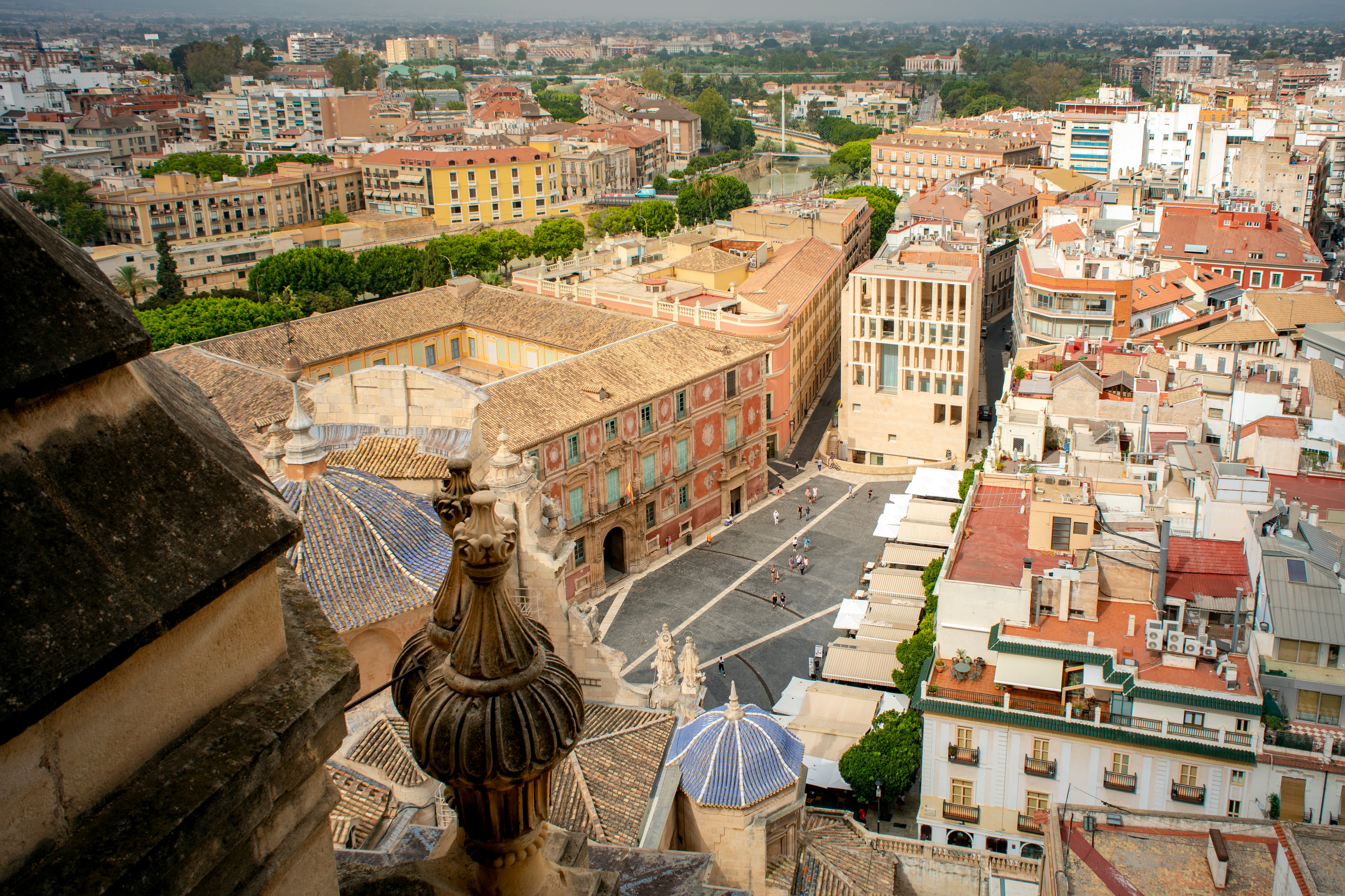 Aerial view of the Plaza del Cardenal Belluga, with the cathedral of Santa Maria, the Moneo building, Episcopal Palace and part of the city of Murcia, Spain