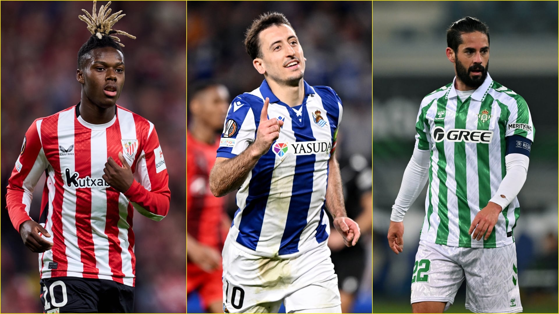 Nico Willliams, Mikel Oyarzabal e Isco Alarcón. (Montaje: fotos de Getty)