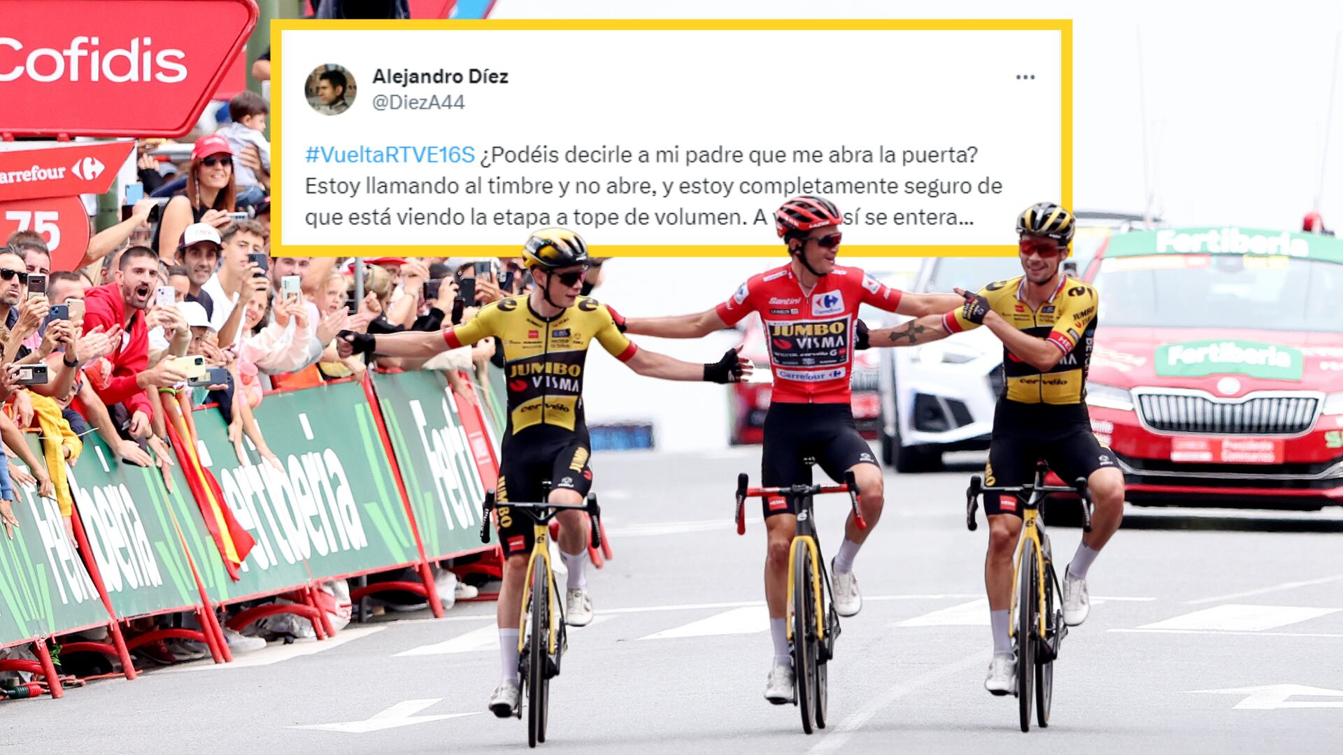 Montaje de los tres líderes de la vuelta a España con el mensaje de Alejandro Díez