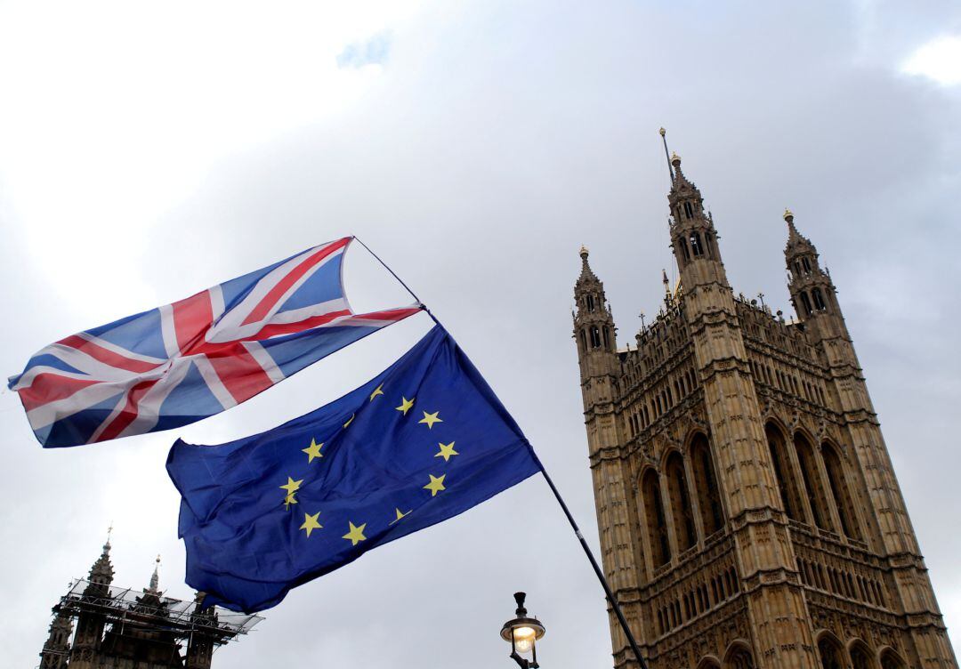 Banderas contra el Brexit a las puertas del parlamento británico 