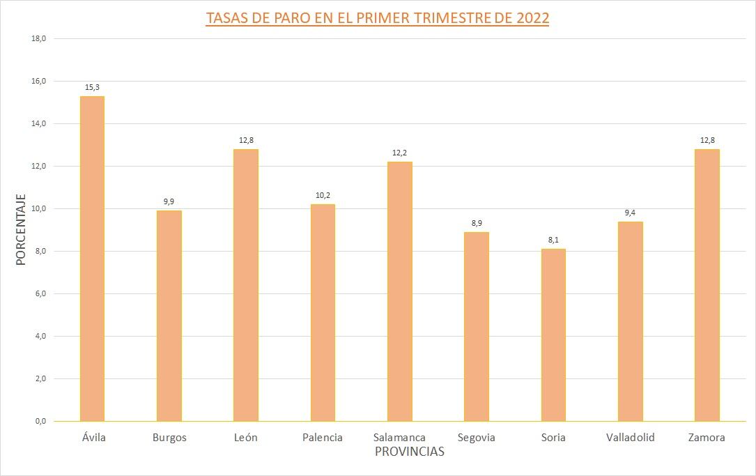 Tasas de paro en Castilla y León en el primer trimestre de 2022. Fuente: INE