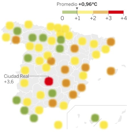 Gráfico elaborado por &#039;El País&#039; sobre el aumento de las temperaturas en la península.