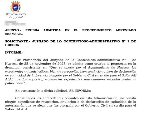 Documento remitido por el Ayuntamiento de Huesca