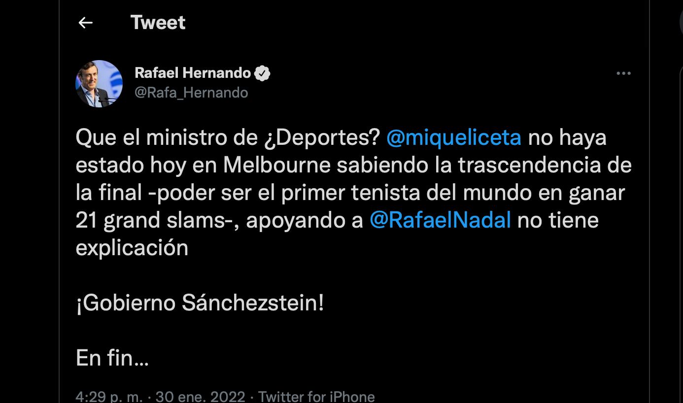Captura del tuit de Rafa Hernando