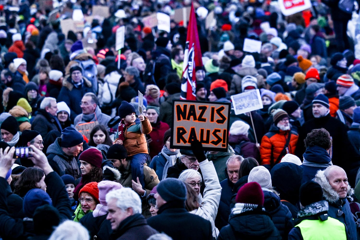 A sign reads &#039;Nazis out&#039; as protesters attend a demonstration against the far-right Alternative for Germany (AfD) party in Berlin, Germany, 21 January 2024.