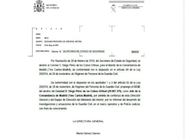 La nota de Interior sobre el cese de Pérez de los Cobos.