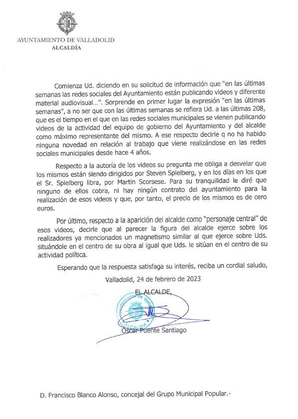 Respuesta del alcalde de Valladolid, Óscar Puente, sobre la autoría de los vídeos del Ayuntamiento