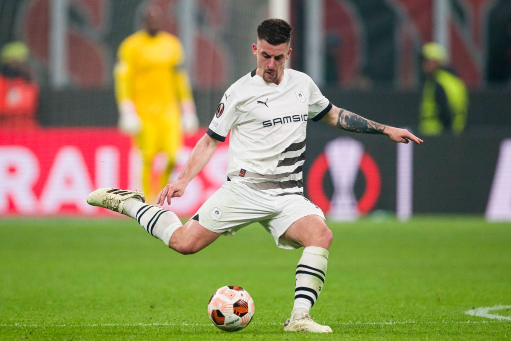 Baptiste Santamaria of Stade Rennais looks to bring the ball down during the UEFA Europa League 2023/24 round of 16 first leg match between AC Milan and Stade Rennais FC at Stadio Giuseppe Meazza on February 15, 2024 in Milan, Italy. (Photo by Marcio Machado/Eurasia Sport Images/Getty Images)