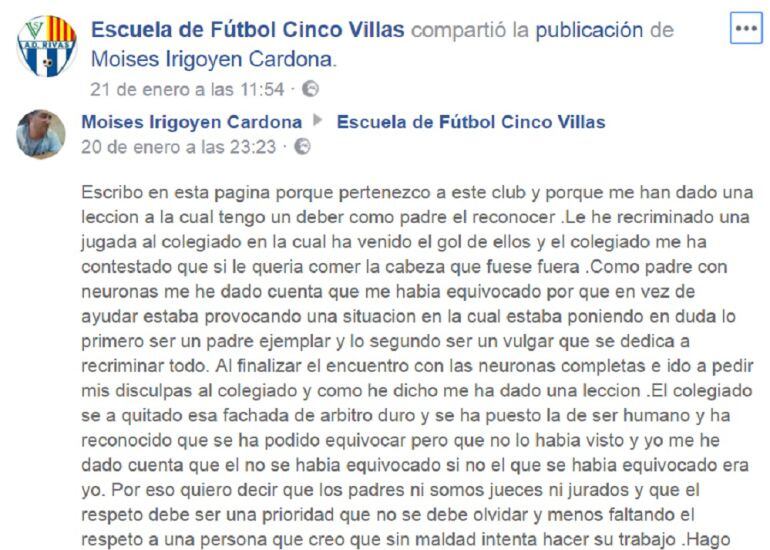 La Escuela de Fútbol Cinco VIllas ha compartido las disculpas del padre a través de su página de Facebook