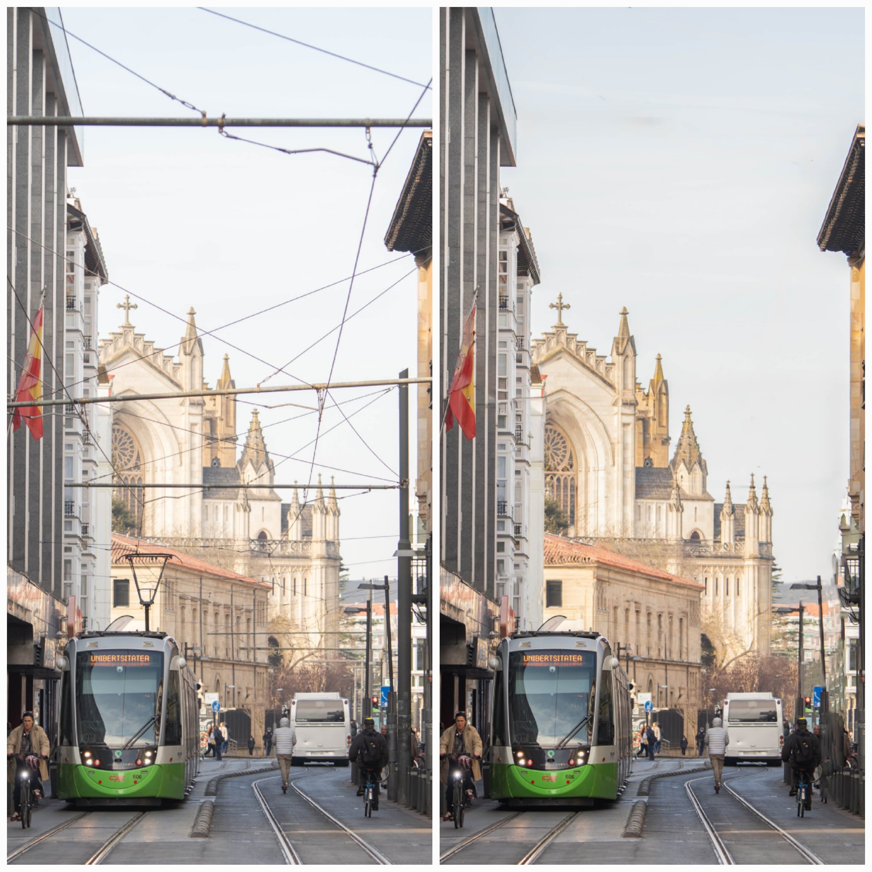 Montaje del tranvía de Vitoria en General Álava con y sin catenarias ni postes