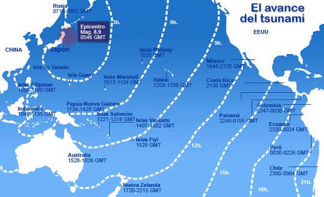 Mapa de la zona del Pacífico donde se puede ver el avance del tsunami