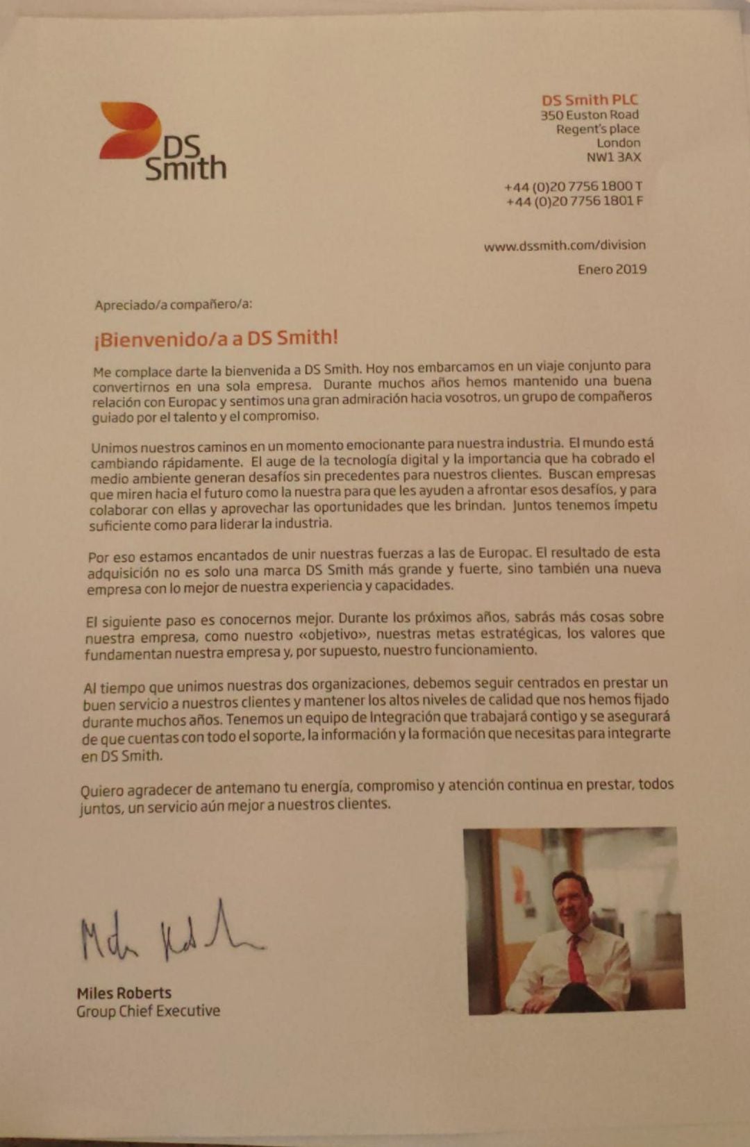 Carta enviada a los trabajadores de Europac