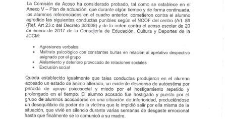 Documento facilitado por la madre del menor en el que el colegio reconoce las agresiones