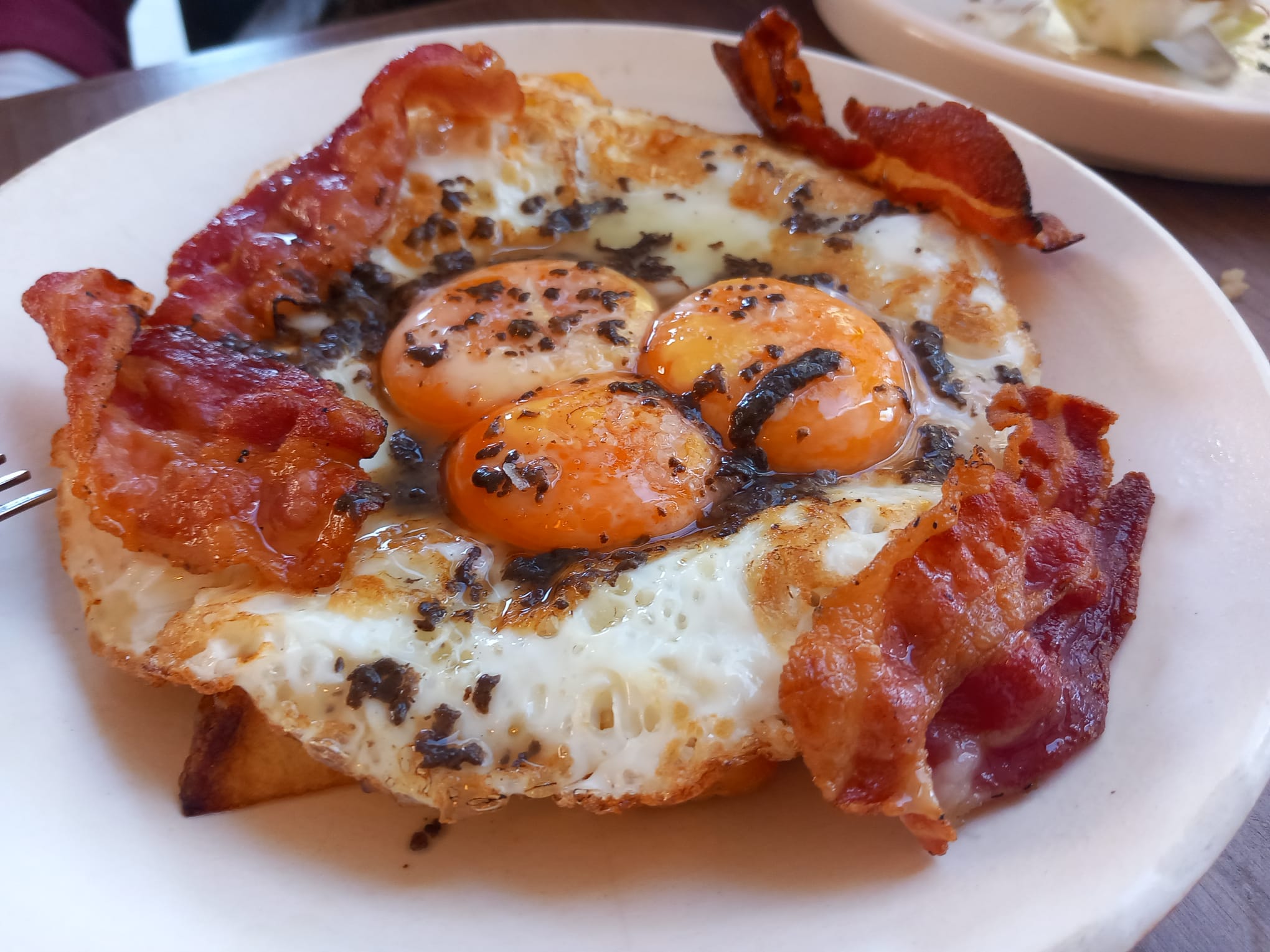 Huevos rotos con tartufata y panceta