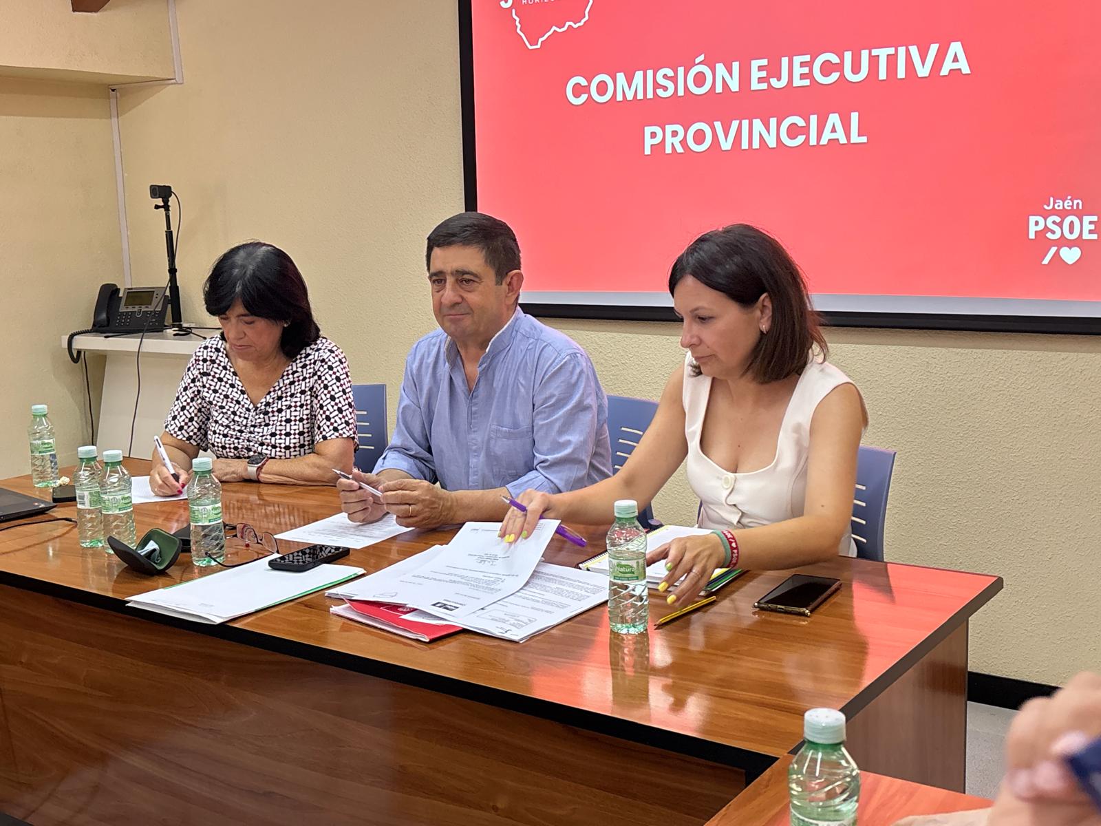 Los socialistas Paqui Medina, Francisco Reyes e Isabel Uceda en la Ejecutiva Provincial del PSOE de Jaén.