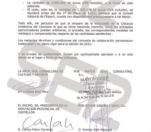 Convenio de 2008 por el que se adjudica a la empresa de la Púnica el torneo de golf, firmado por la testaferro de Granados, María José Marijuán, la consejera de Cultura de Camps, Trinidad Miró, y Carlos Fabra como presidente de la Diputación de Castellón.