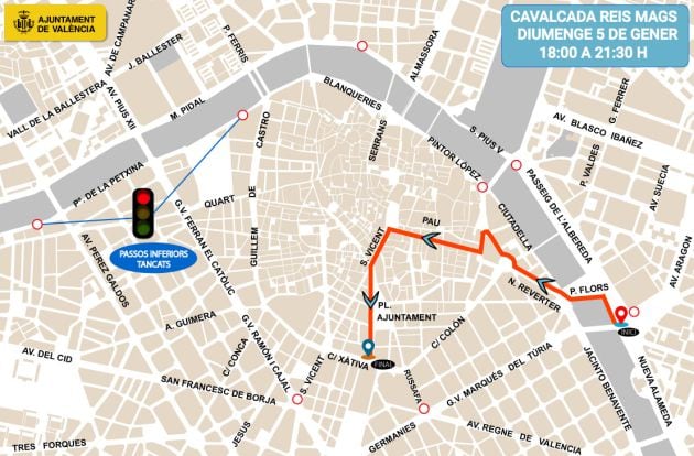 Recorrido de la Cabalgata de Reyes Magos del 2020 València