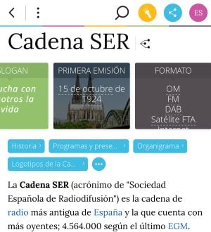 Artículo sobre la Cadena SER en Wikipedia en ‘Wikiwand’