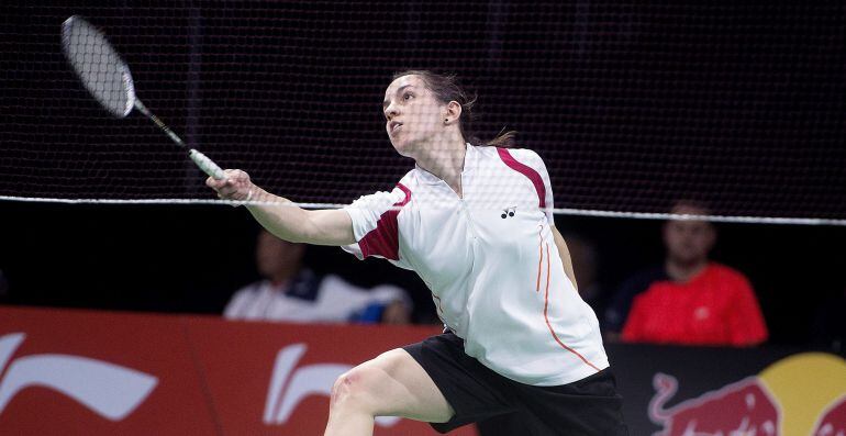 Beatriz Corrales durante un partido en los Campeonatos del Mundo de bádminton en Dinamarca.